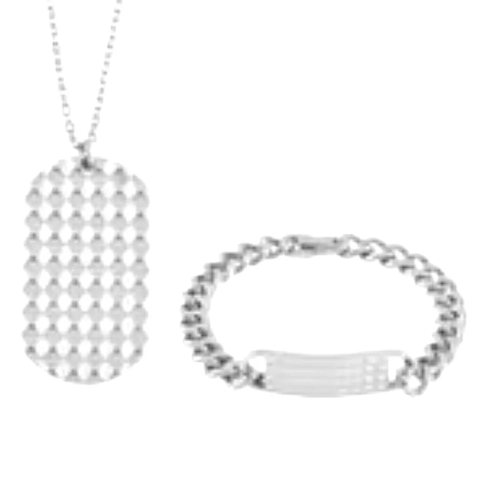 Men's Textured Dog Tag Style Bracelet and Pendant Necklace Set(s) in Stainless S